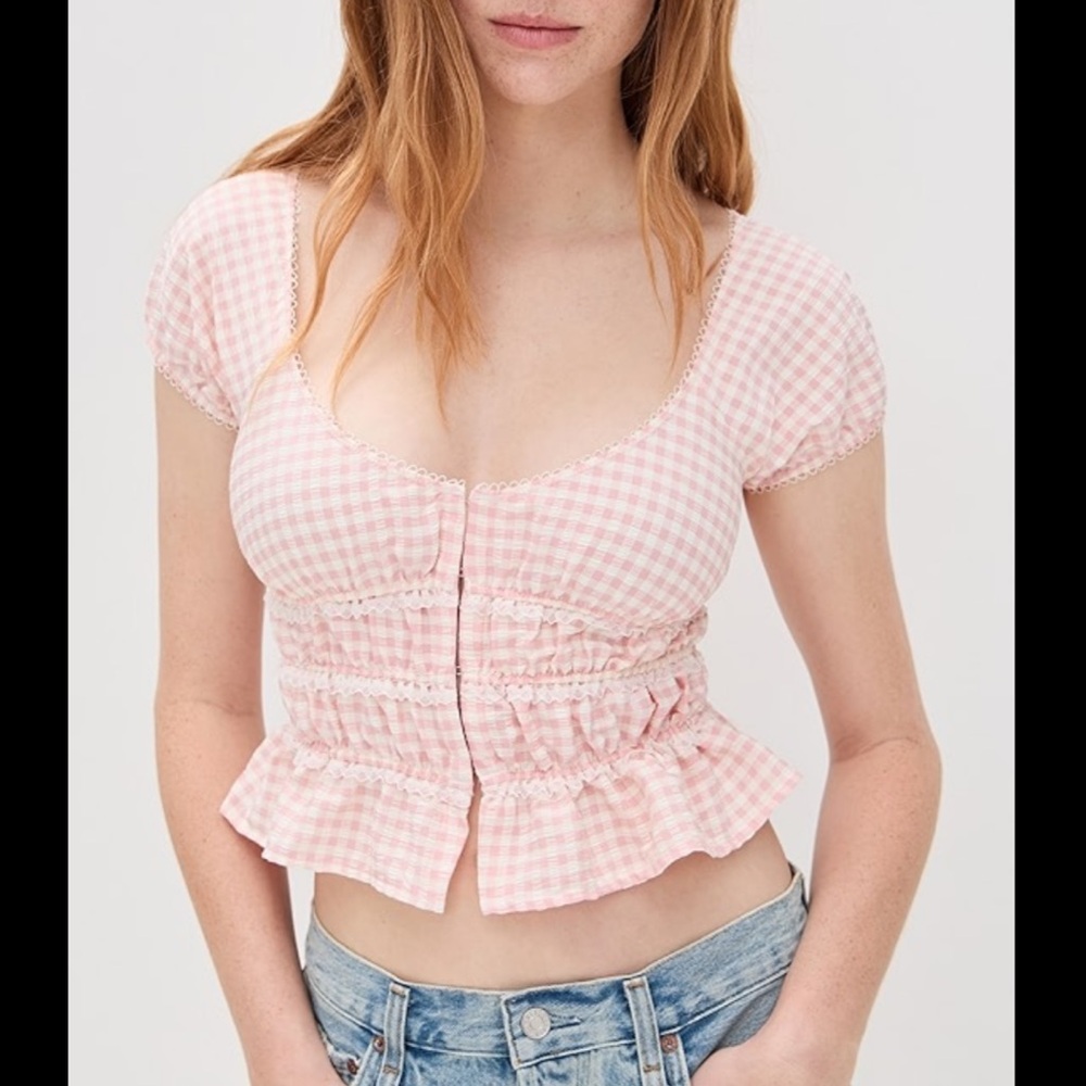 For Love and Lemons Pink Gingham Short Sleeve Smocked Peplum Top